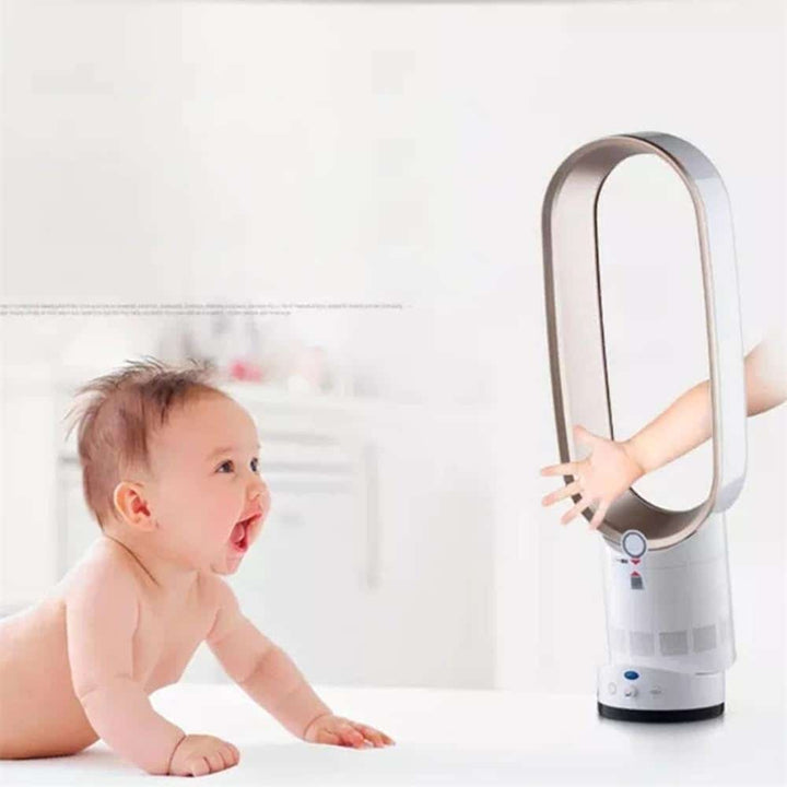 Oscillating blade-free air cooler with remote control, modern design for efficient home cooling.