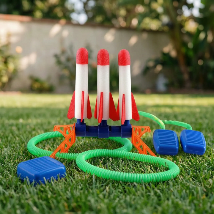 Simple no-battery air rocket toy for kids, ideal for garden or park outdoor activities and fun.