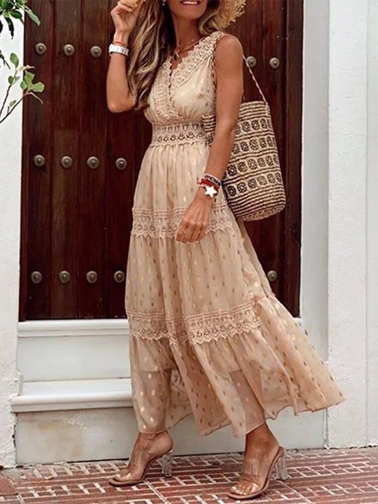 Flowy boho summer dress, Niva, with V-neck. Ideal for beach, vacation, or festival outfit. Lightweight & stylish.