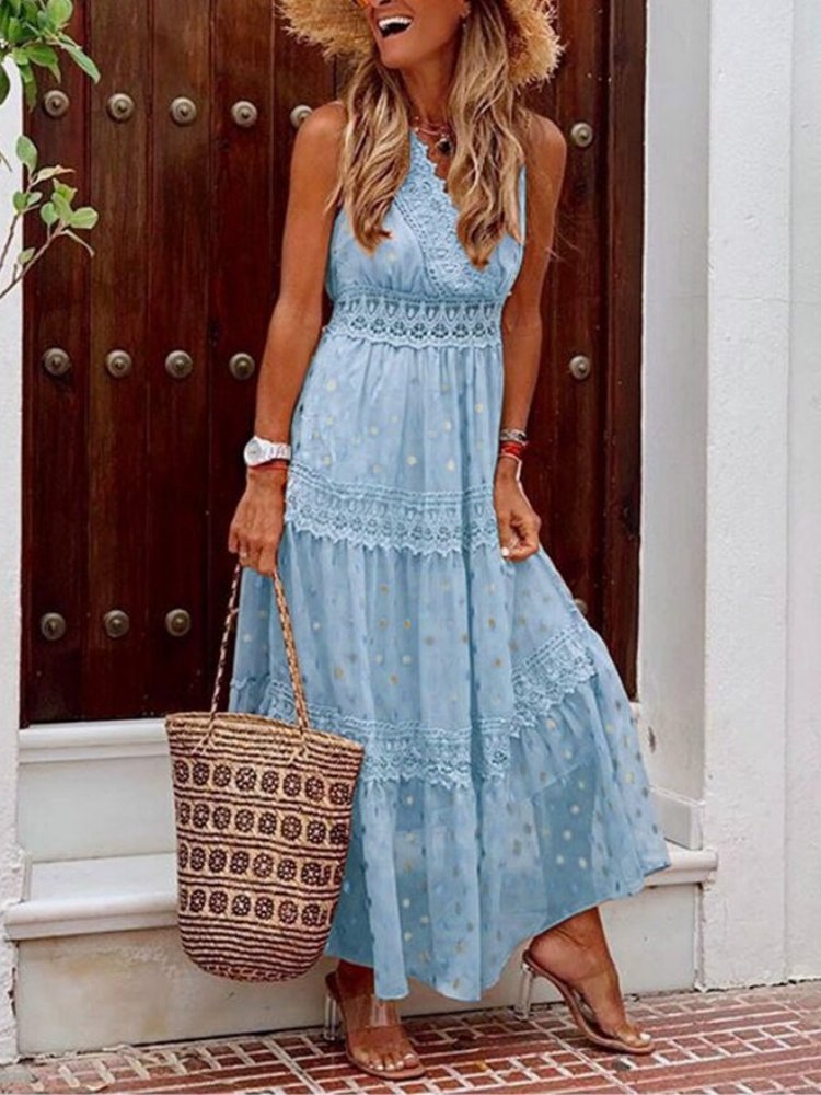 Lightweight women's boho summer dress with V-neck. Flowy Ibiza style, great for warm weather, beach, or festivals.