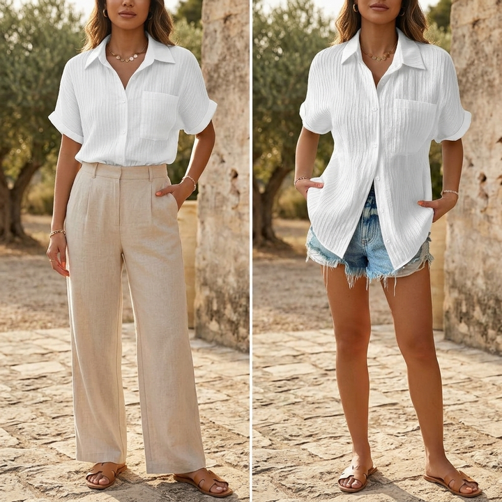 Aldara women's relaxed fit crinkle blouse. Short sleeve button-down, a versatile and easy-care summer fashion top.
