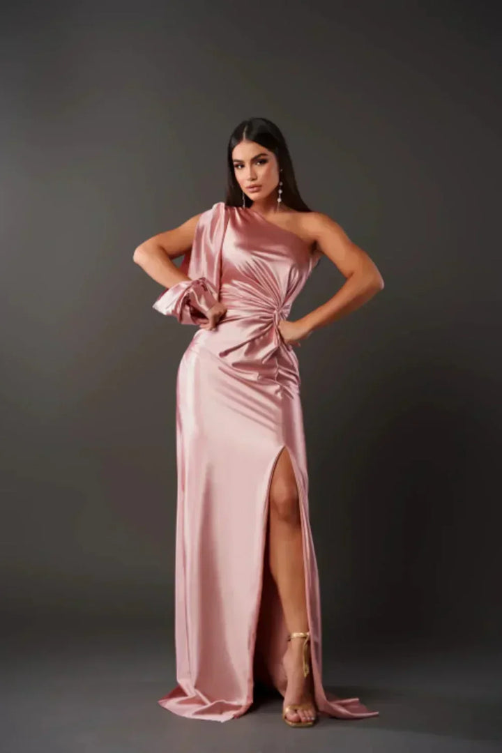 Sophisticated women's one shoulder special occasion dress, a long formal maxi for galas.