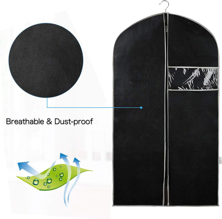 Clear window, breathable fabric garment covers, 10-pack. Protect suits, dresses, & seasonal clothes from dust and wrinkles.