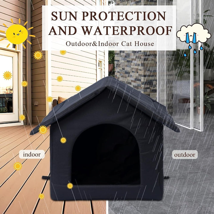 Insulated black cat shelter & dog house; weatherproof, durable, and portable for outdoor pet comfort.