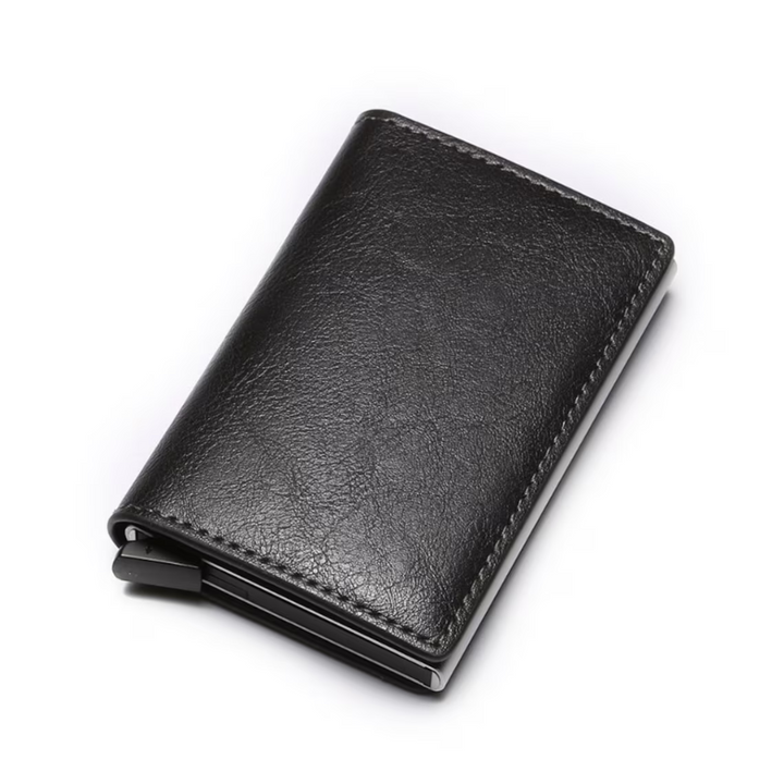 Durable metal RFID blocking cardholder wallet with a convenient money clip for men.