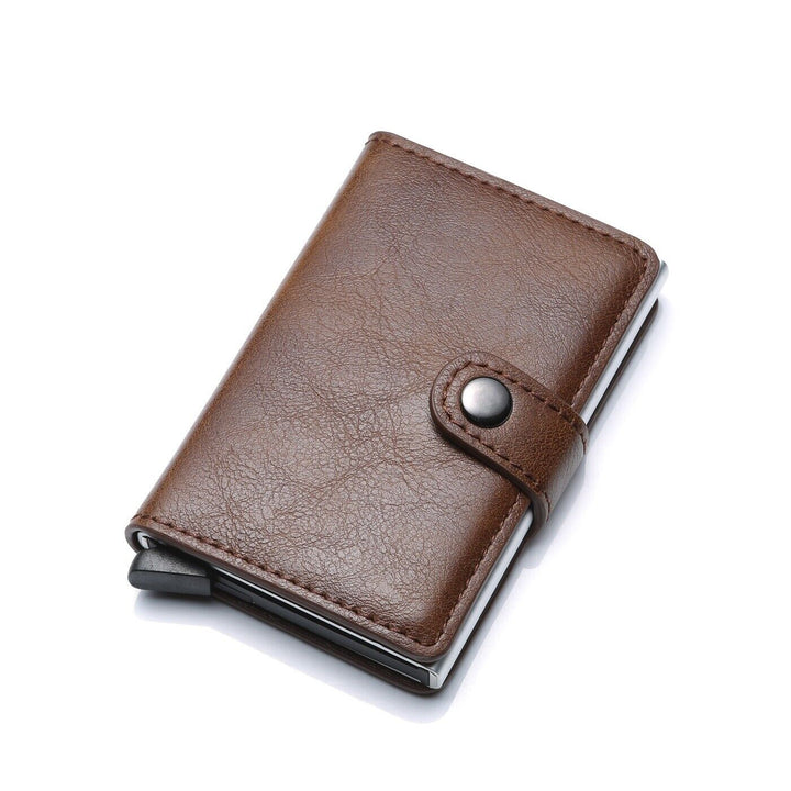 Front view of a minimalist RFID aluminum wallet, perfect for cards & cash.