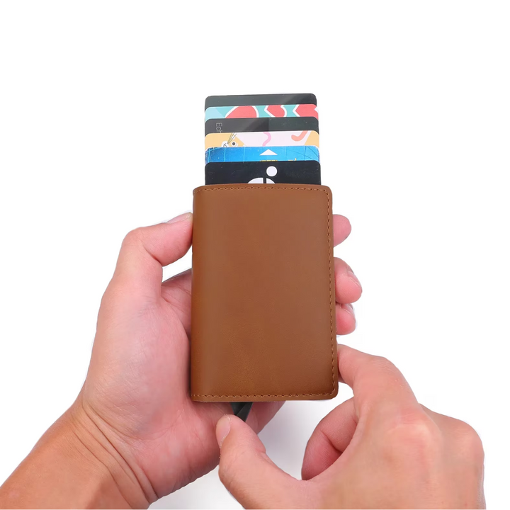 Textured aluminum cardholder wallet with money clip, a robust men's accessory.