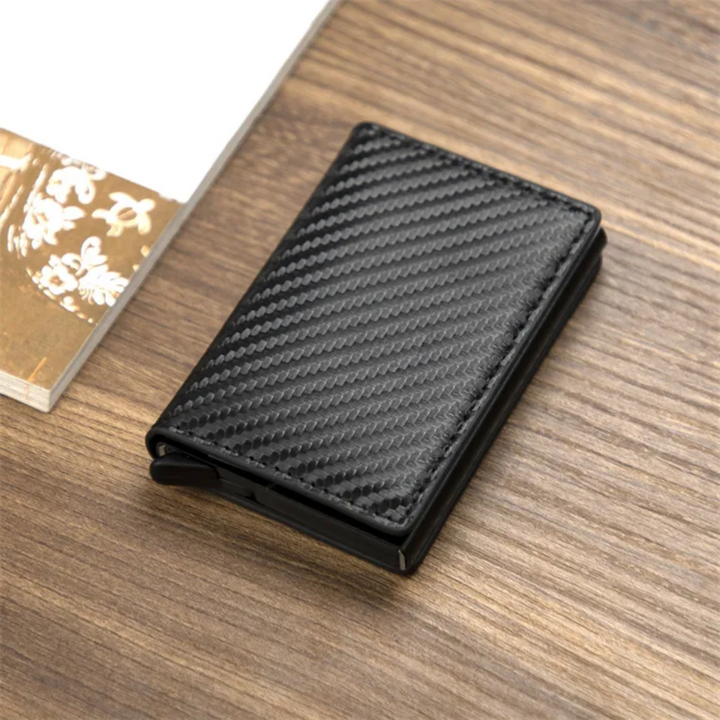 Elegant black aluminum RFID cardholder wallet with practical money clip for men.