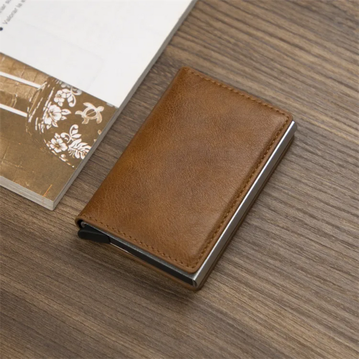 Close-up of a men's aluminum wallet, highlighting its RFID security and money clip.