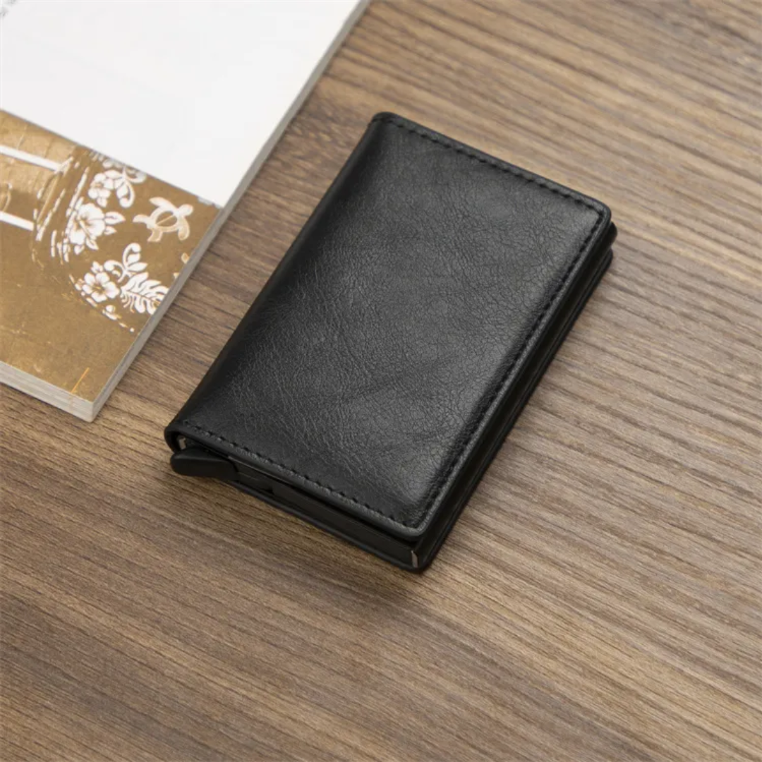 Slim profile aluminum cardholder wallet with money clip, perfect for active men.