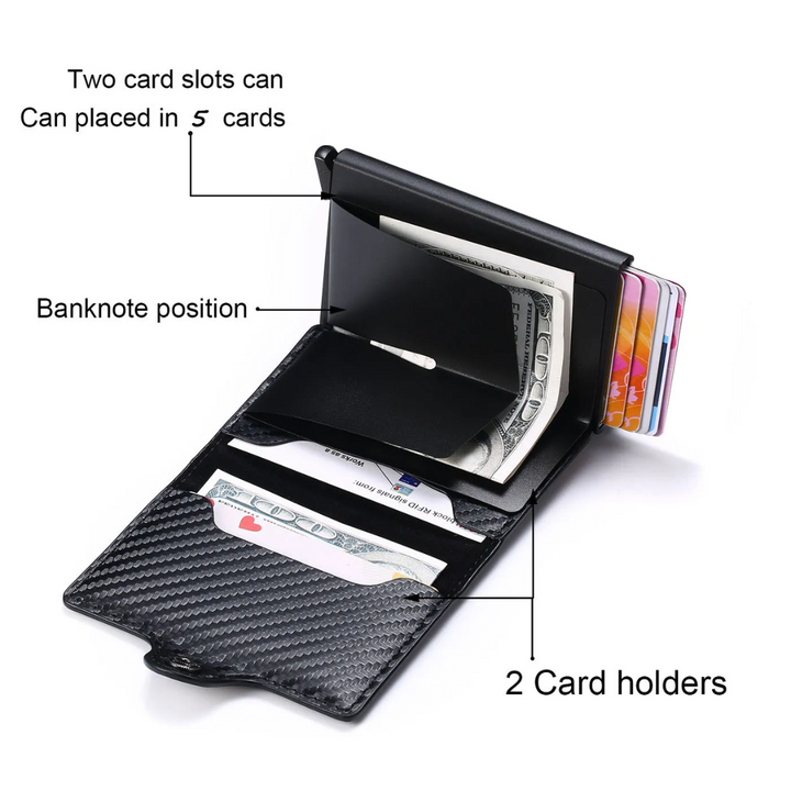 Angled view of a men's aluminum wallet, showcasing its sleek design and money clip.