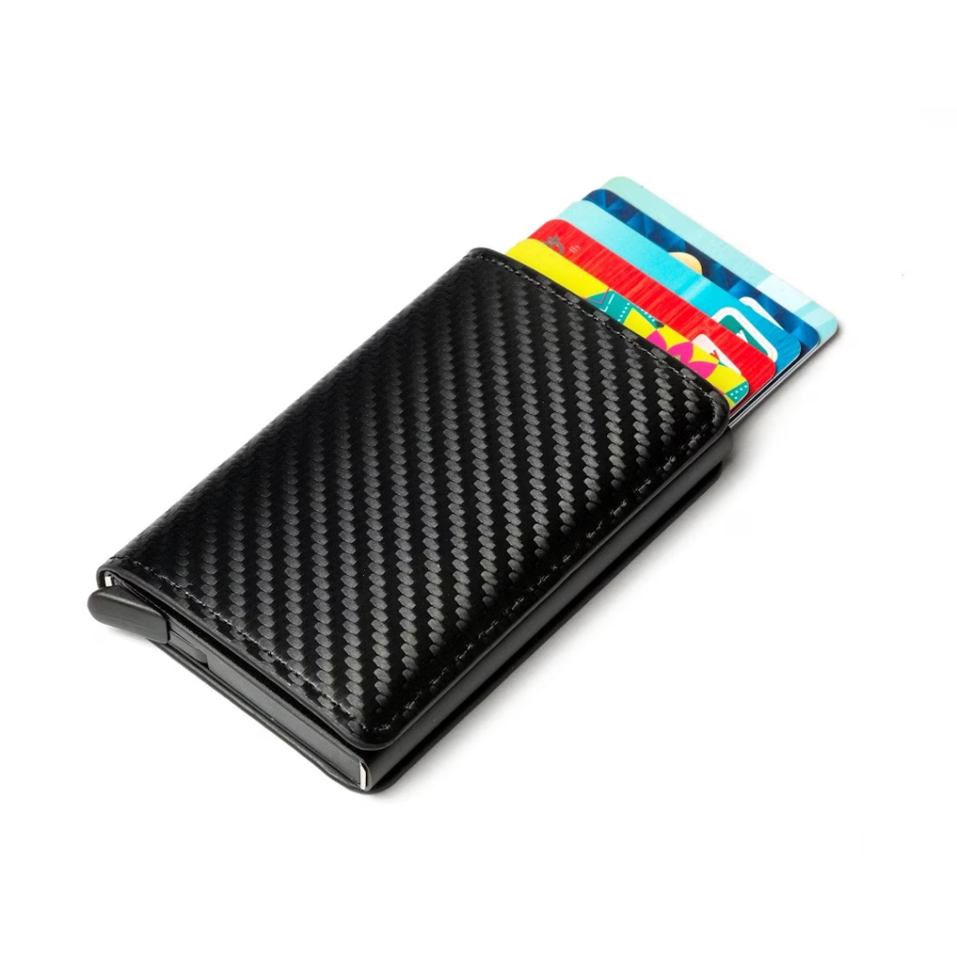 Compact & secure: men's aluminum wallet with RFID blocking and money clip function.