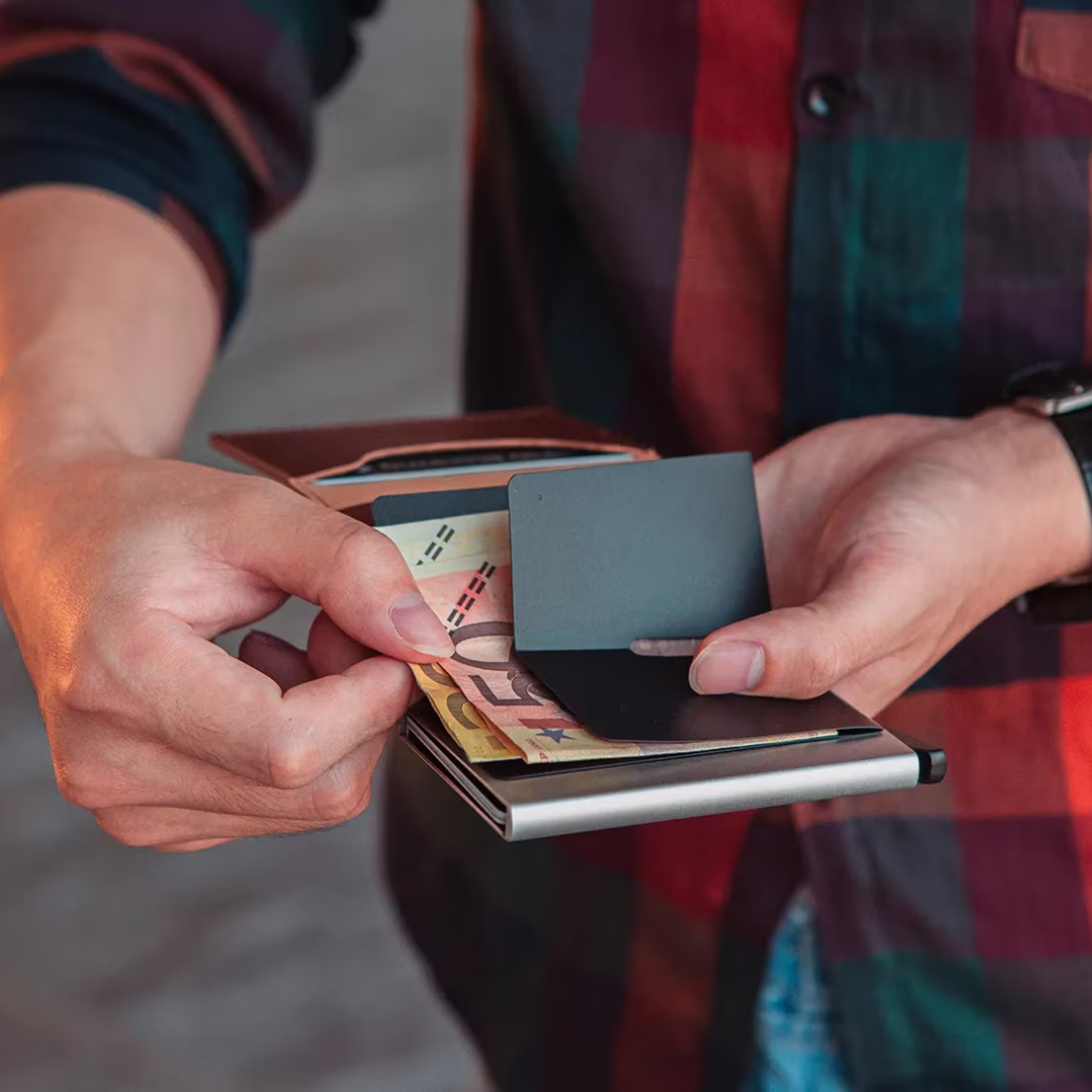 RFID protected aluminum wallet for men, showing the integrated stainless steel money clip.