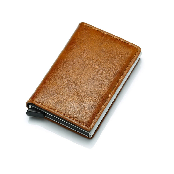 Sleek black aluminum cardholder wallet for men, featuring an integrated money clip.
