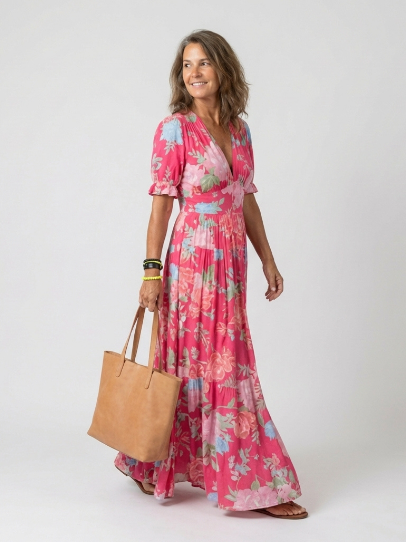 Pink floral V-neck maxi dress, elegant and flowy, ideal for races attire or a special summer occasion.
