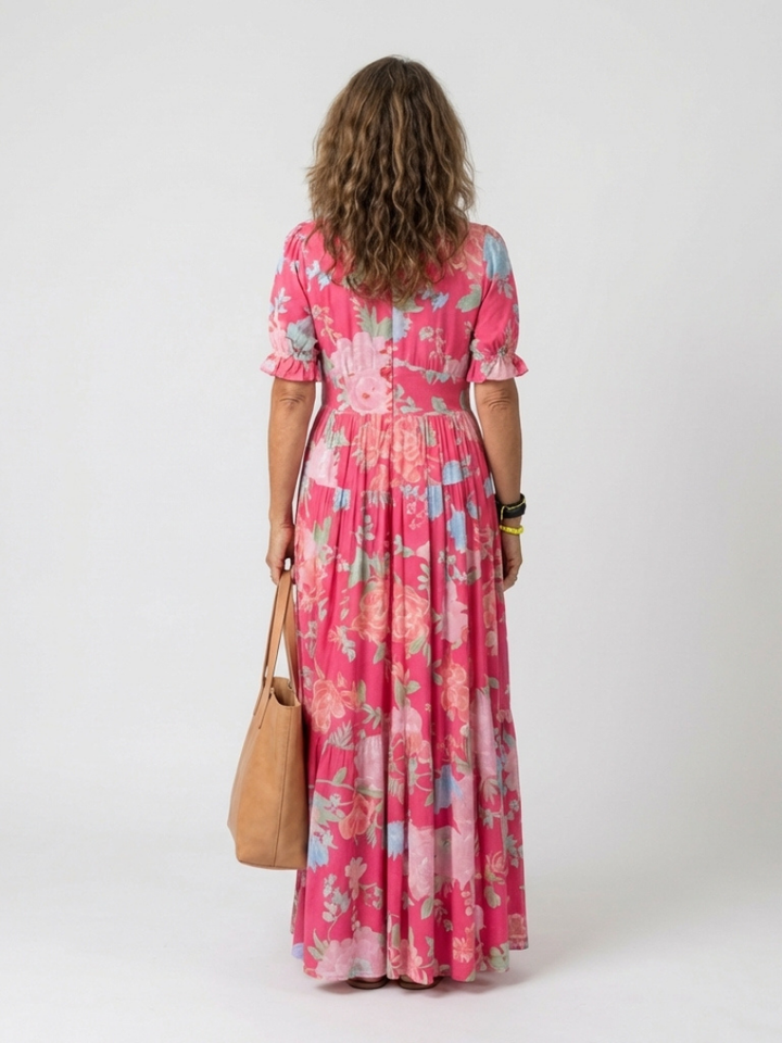 Light blue floral V-neck maxi dress with flutter sleeves, beautiful long summer party dress for women.