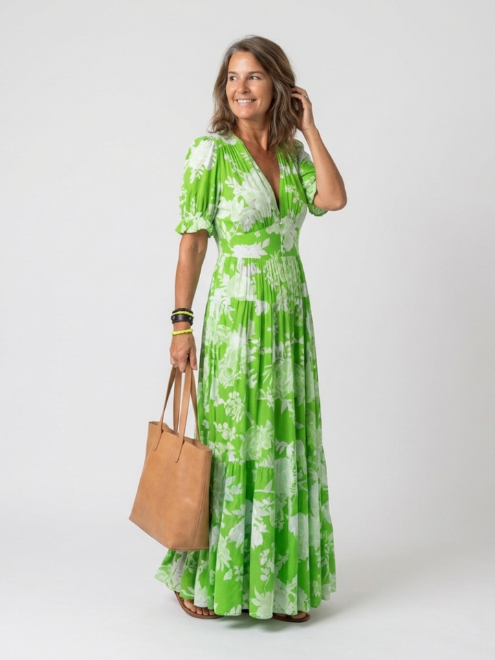 Women's elegant V-neck floral maxi dress, a long flowy design ideal for special occasions and summer events.