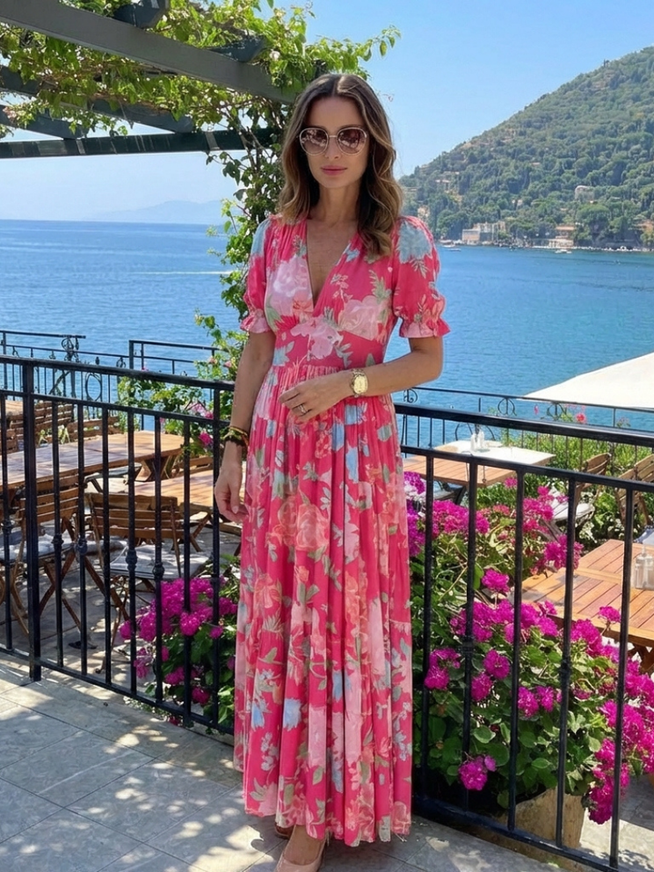 Vibrant floral V-neck summer maxi dress with delicate flutter sleeves, perfect for parties & elegant events.