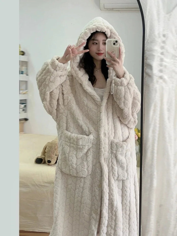 Women's Amy Nightfall bathrobe, a warm & cosy hooded loungewear robe for ultimate home comfort & relaxation.