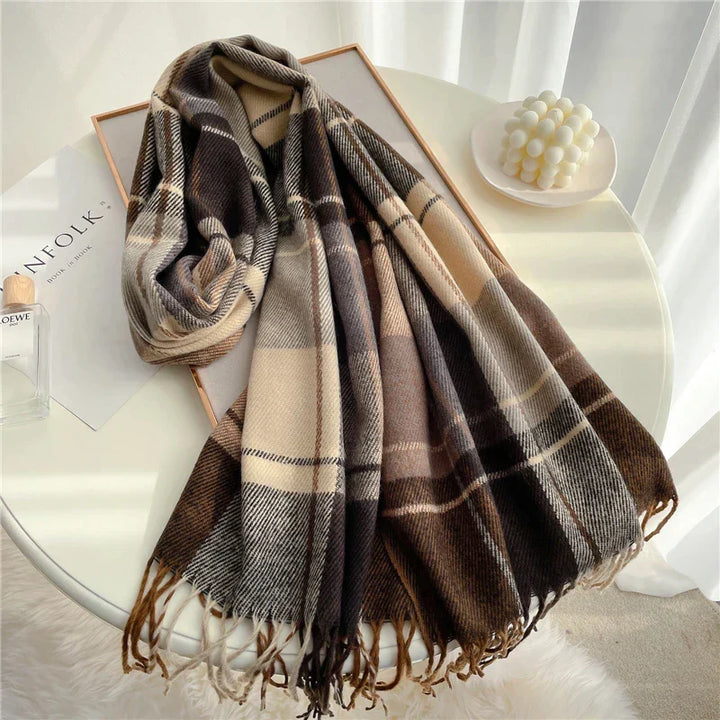 Warm women's checkered knitted scarf, a trendy and stylish accessory for fall and winter outfits.