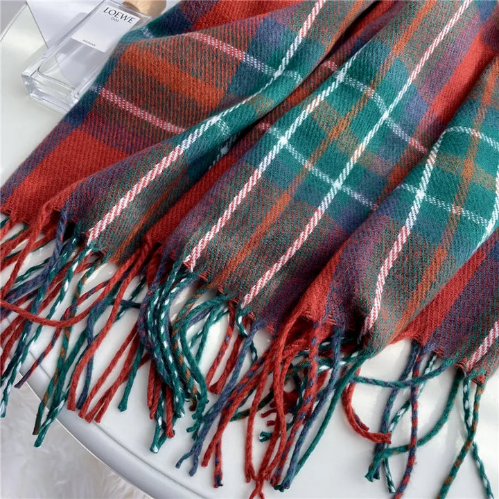 Elegant Angela women's knitted scarf, featuring a checkered pattern, a versatile accessory for fall and winter.