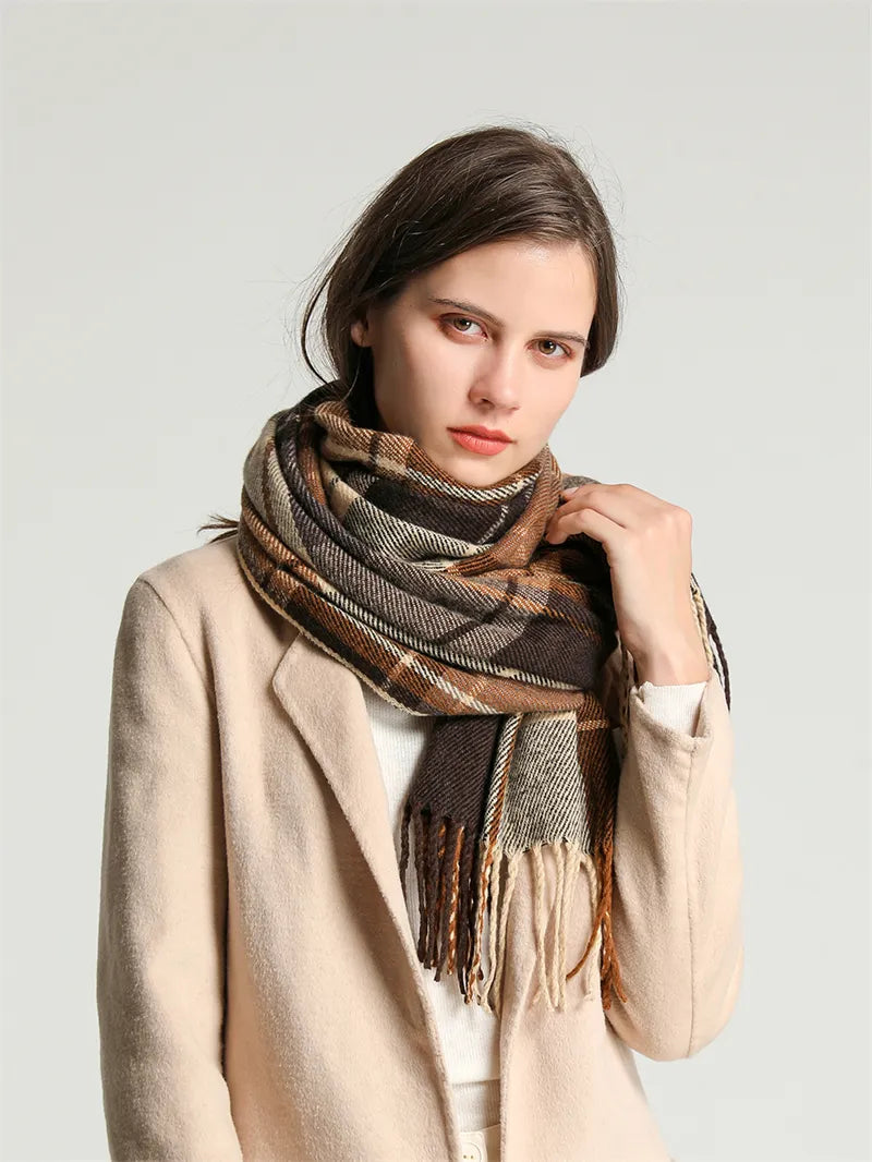 Angela trendy knitted checkered scarf for women, a stylish and warm winter fashion accessory with tassels.