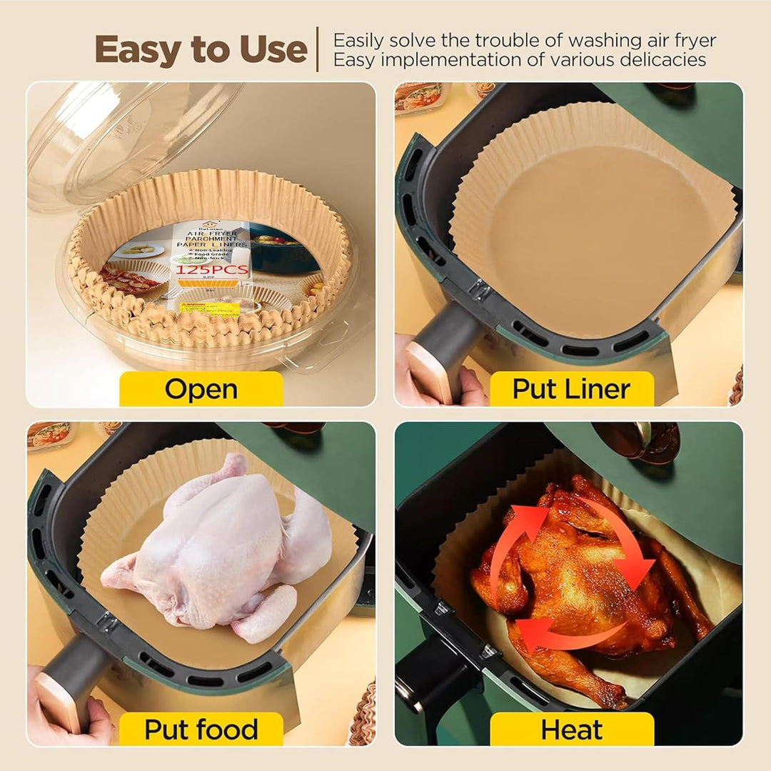 Ultra-convenient EasyCrisp non-stick air fryer liners, disposable for fast, mess-free cooking.
