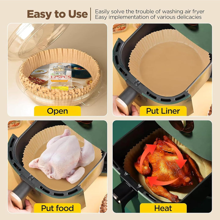 Ultra-convenient EasyCrisp non-stick air fryer liners, disposable for fast, mess-free cooking.