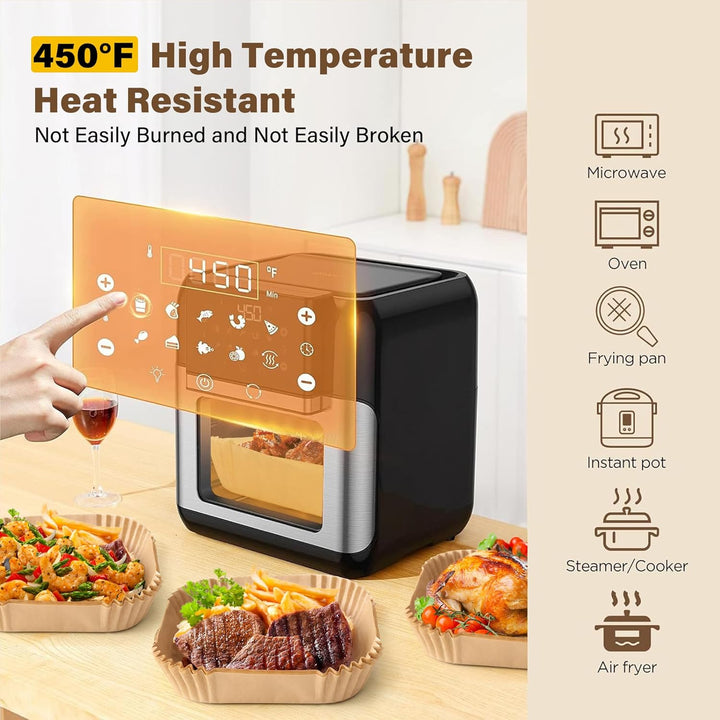 EasyCrisp non-stick air fryer liners: disposable parchment paper for mess-free cooking & baking.