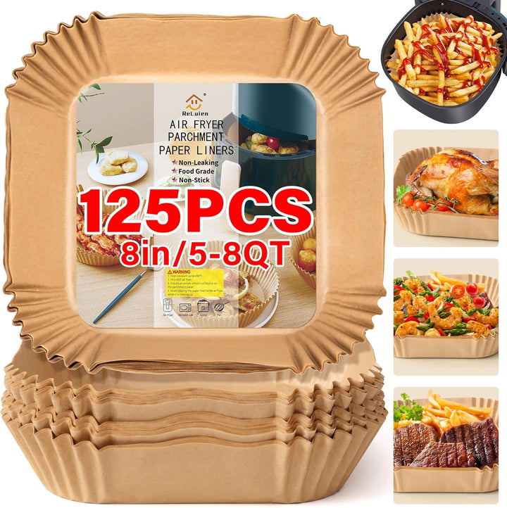 EasyCrisp non-stick parchment paper liners for air fryers, disposable for quick cleanup.