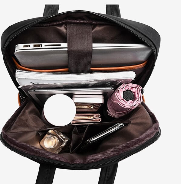 Interior of organized women's anti-theft travel backpack, water-resistant, secure compartments.