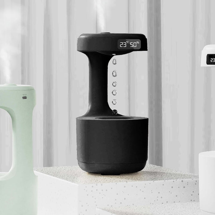 Unique anti-gravity humidifier that also displays time digitally, perfect for modern living spaces.