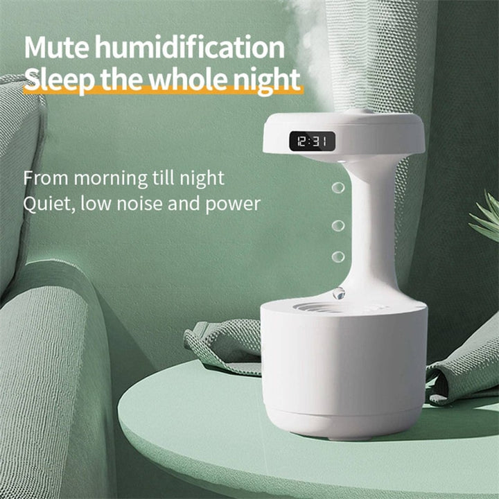 Quiet ultrasonic anti-gravity humidifier with a built-in digital clock and soft LED for optimal air.
