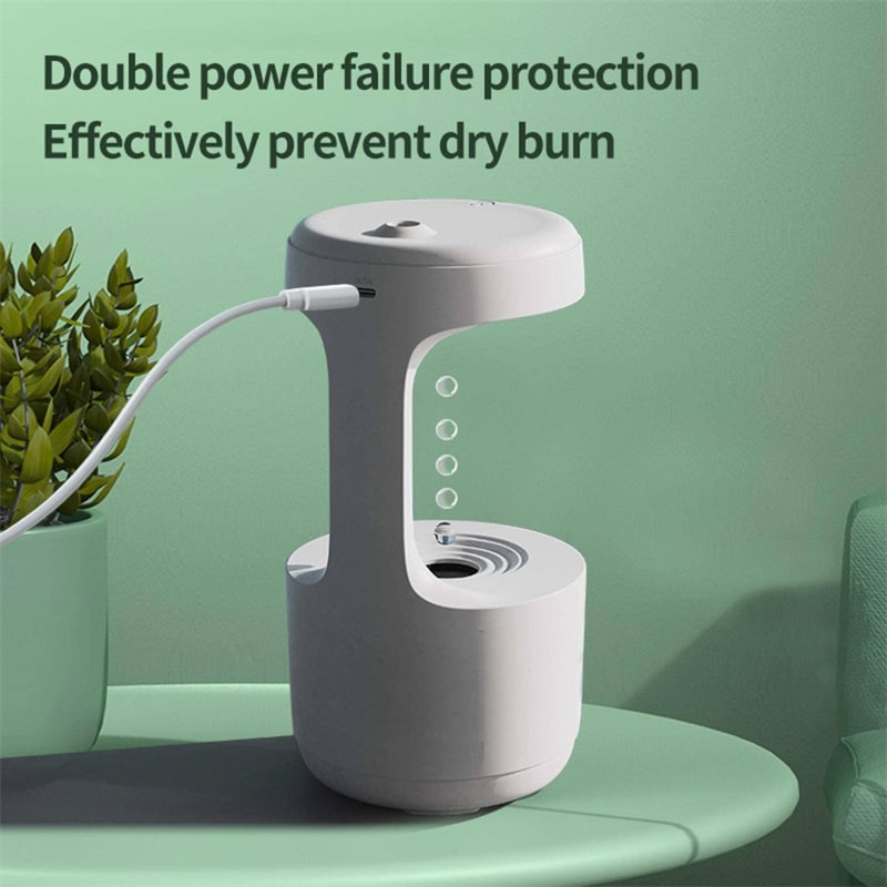 Sleek humidifier with anti-gravity water droplets, integrated digital clock, and soft LED for any room.