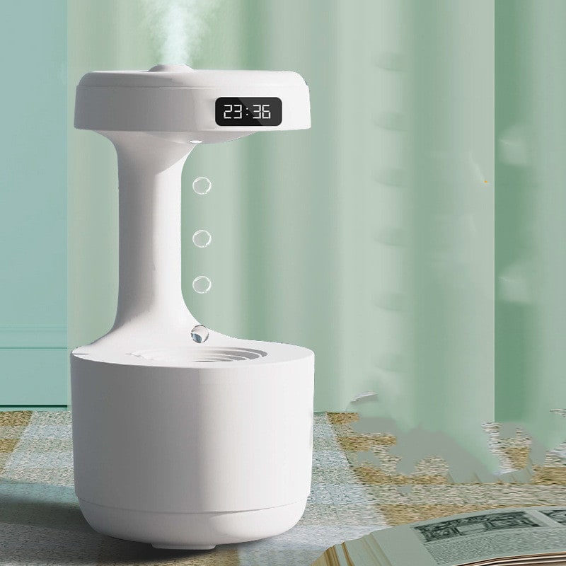 LED light anti-gravity humidifier with a digital clock, ideal for bedside tables & peaceful sleep.