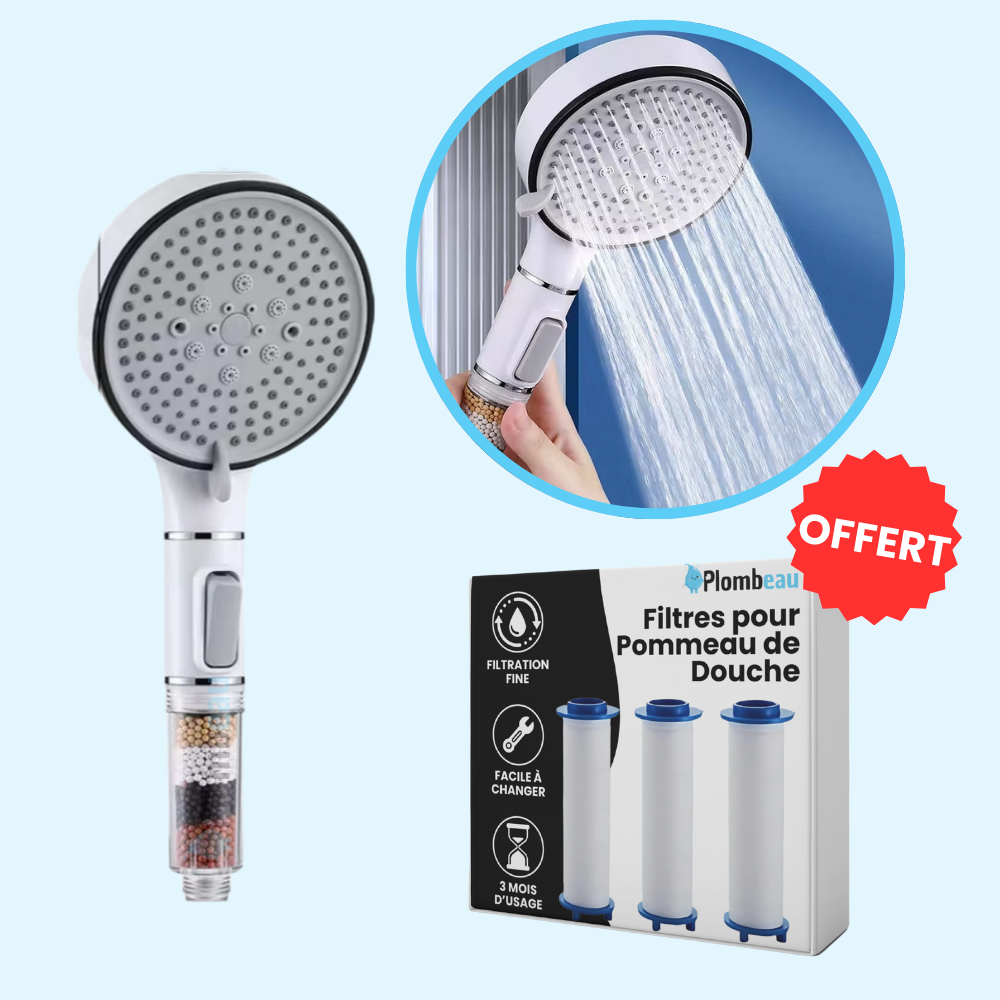 Handheld shower head with limescale filter for clean water & 5 high-pressure spray modes in a modern bathroom.