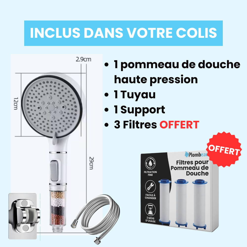 Modern handheld shower head with limescale filter & 5 spray modes, perfect for any bathroom for clean, filtered water.