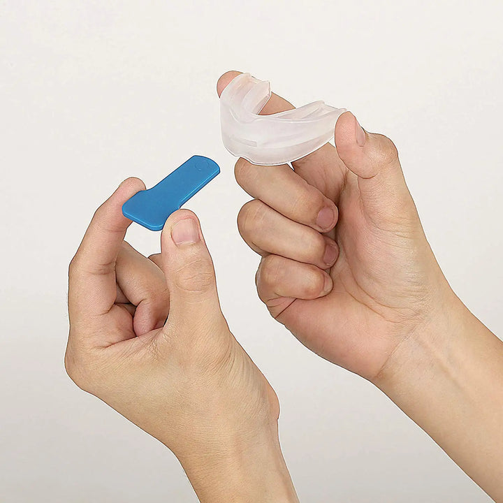 Close-up of unisex silicone mouthguard, designed for anti-snoring & teeth grinding relief.