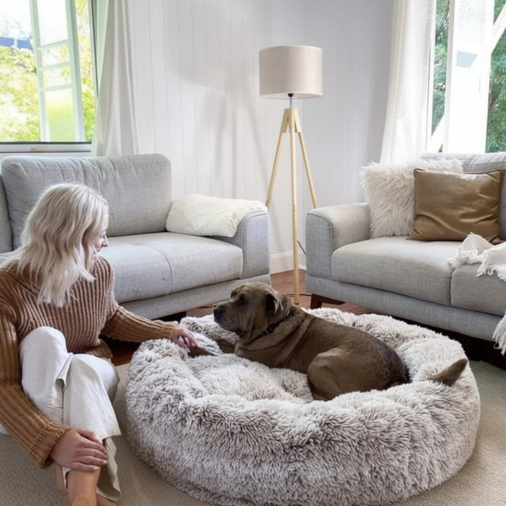 Luxurious calming dog bed with deep crevices for burrowing, promoting anxiety relief & ultimate comfort.