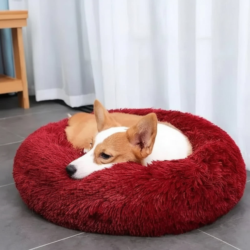 Washable plush pet bed offering anxiety relief & calming comfort. Ideal for both small & large dogs.