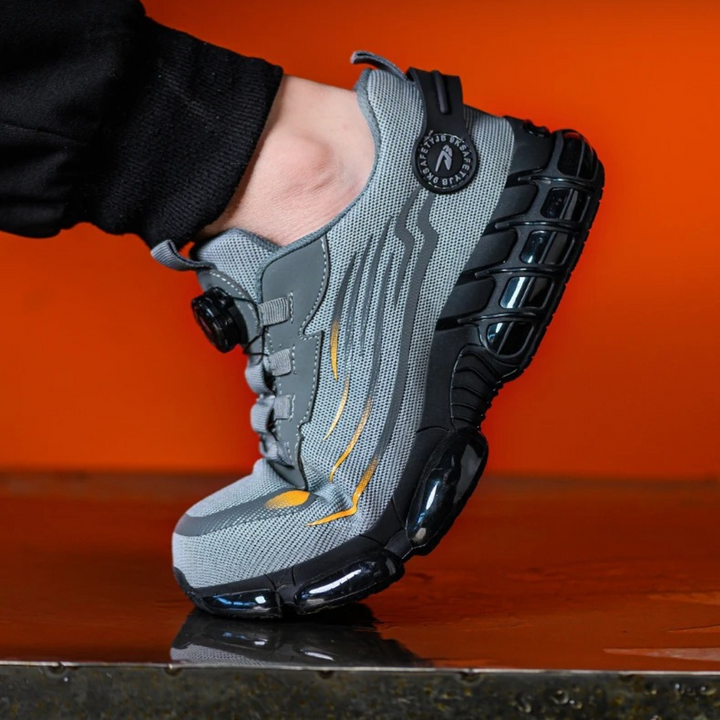 Men's steel-toe work shoes providing comfort & protection for demanding industrial environments, puncture resistant.
