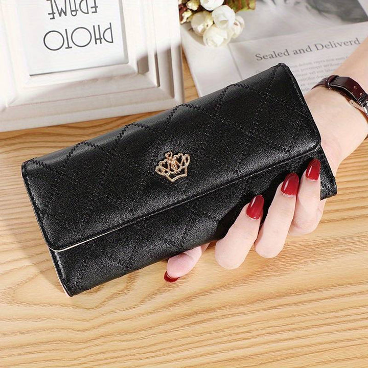 Sophisticated argyle trifold wallet for women, featuring a luxurious gold accent. Organized fashion accessory.