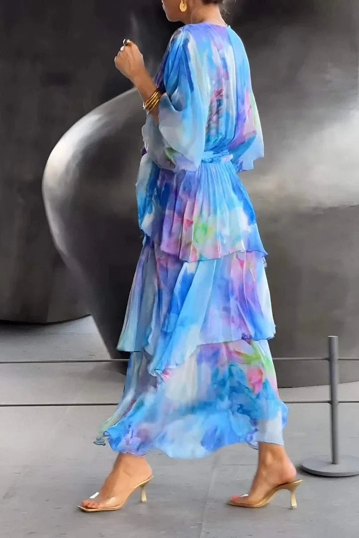 Chic women's tiered ruffle wrap maxi dress, an elegant choice for wedding guests, parties & summer occasion wear.