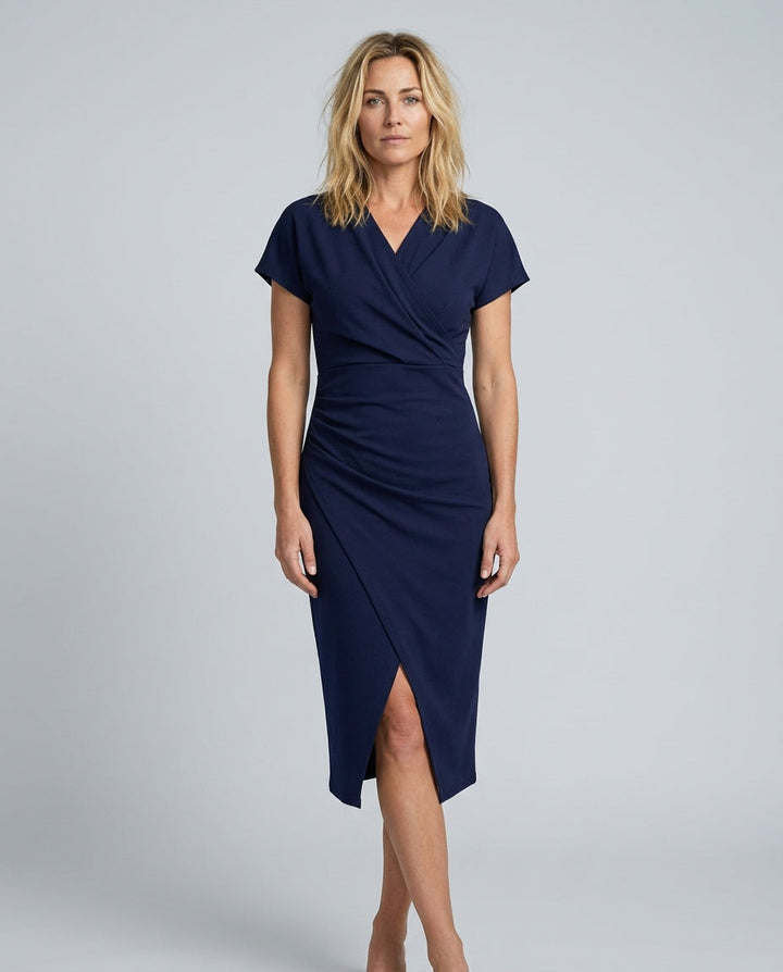 Women's elegant wrap midi dress with a stylish front slit.