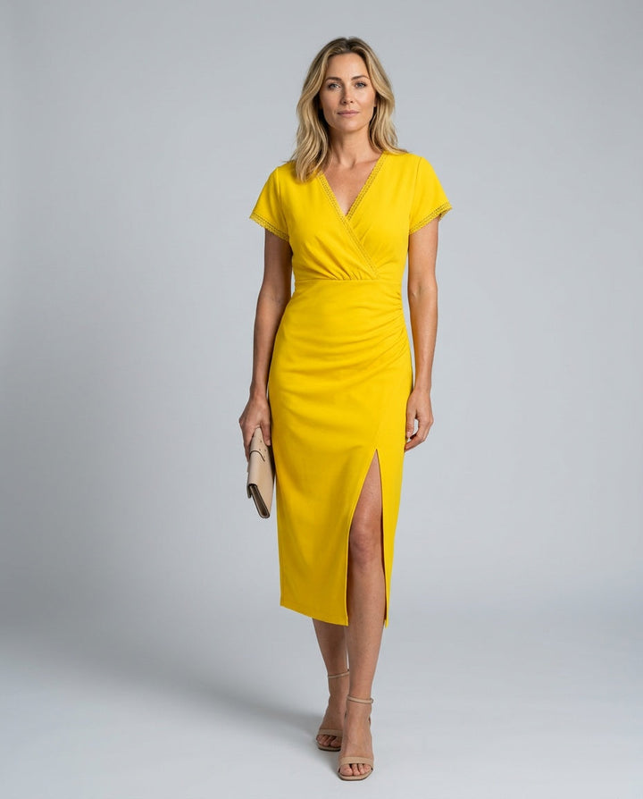 Elegant women's midi wrap dress, perfect for any occasion; features front slit.