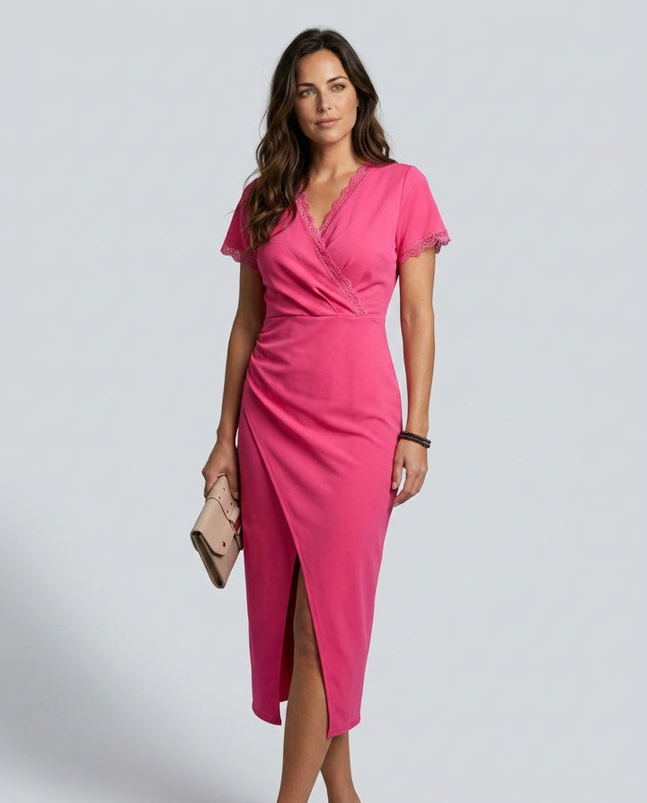 Women's versatile elegant wrap midi dress, cap sleeve, flattering front slit.