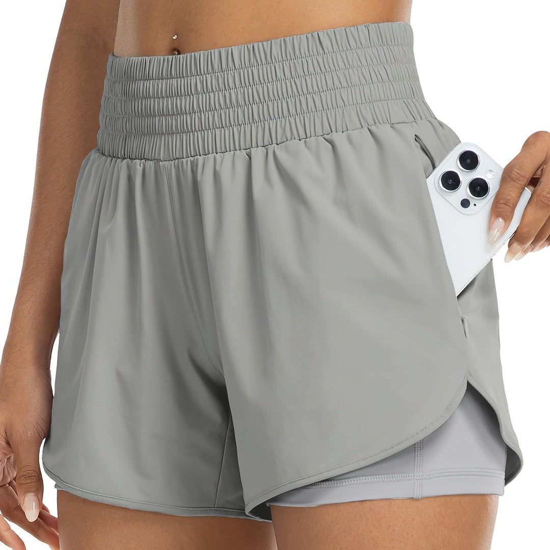 Double-layer high-waisted women's bike shorts, offering secure fit and comfort for athletic activities.