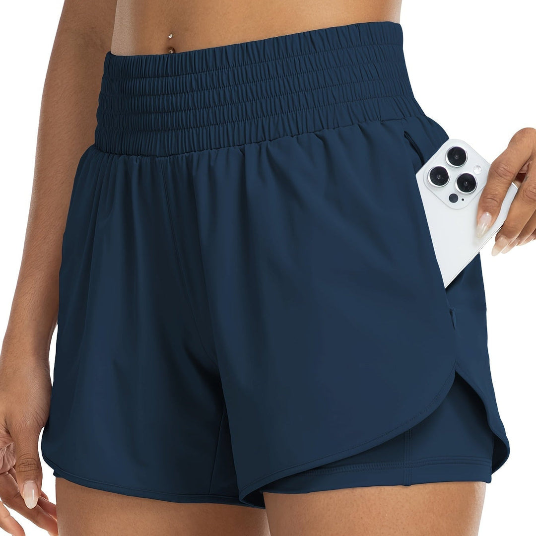 Secure fit women's high-waisted bike shorts, double-layer design for comfortable athletic training.