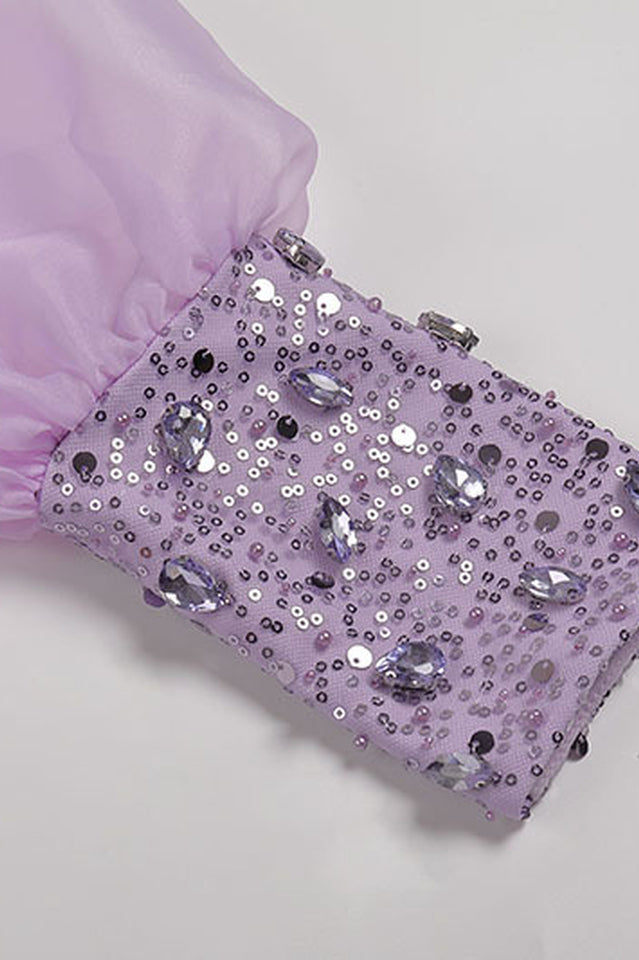 Fashionable lavender one-shoulder sequin midi dress for women, boasting an elegant puff sleeve, perfect as an evening gown.