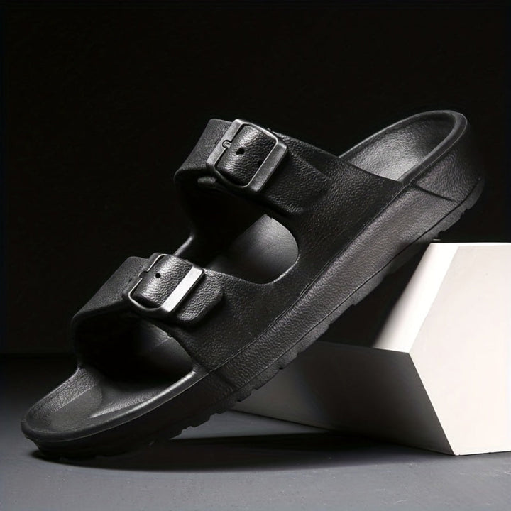 Men's classic double buckle slide sandals for everyday comfort, ideal casual summer footwear.